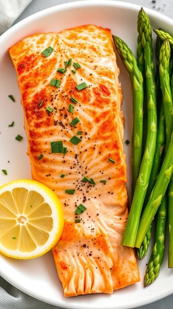 Crispy air fryer salmon fillet garnished with herbs and lemon, served with asparagus on a white plate.